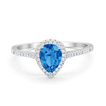 Art Deco Teardrop Pear Wedding Ring Simulated Blue Topaz CZ 925 Sterling Silver
